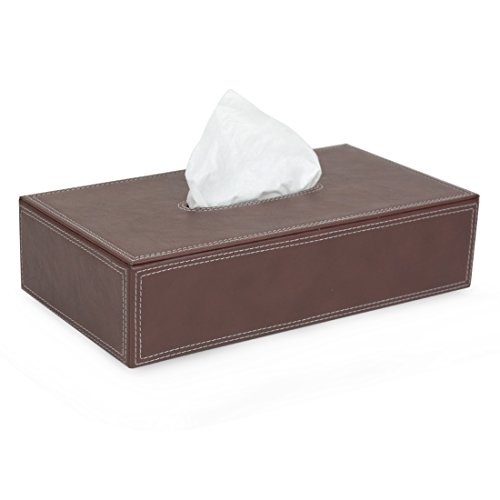 Florio – Brown Faux Leather Rectangular Tissue Box Cover with White Stitching - Suitable for Home | Hotels | Receptions | Spa | Guesthouses