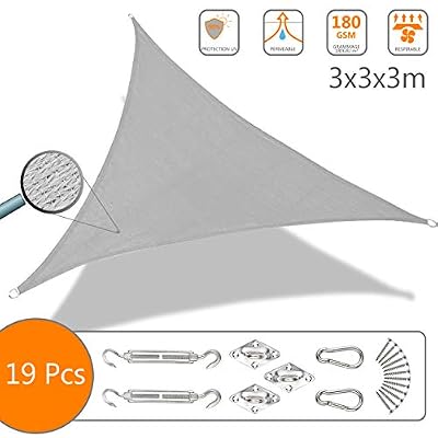 VOUNOT Voile d'ombrage Triangle avec Le Kit de Fixation | Matière résistante aéré 100% Nouveau HDPE-180g/m2 | Bloque 90% Rayons UV | Kit de Montage Inclus |Taille 3x3x3M Gris