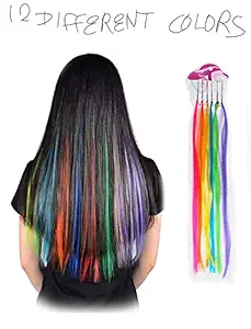 Alizz Set of 12 Multi Color Party Highlights Hair Extensions Colorful Hair Streaks Hairpieces (Bright) Fancy wig for kids Cosplay costume for party l hair extensions Fake False wig for young girls