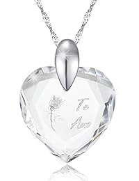 MARENJA-Regalo San Valentín Collar Mujer de Moda-Colgante Corazón de Cristal Grabado "Te amo" y Rosa Interior-Joya Chapada en Oro Blanco con Cristal