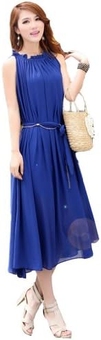 JTC Women's Maxi Dress Lady Chiffon Off-shoulder Falbala Neck Long Sundress 3colors (Blue)