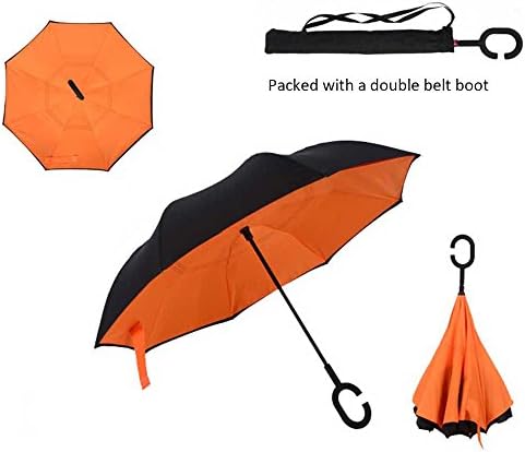 Asiki Windproof Reverse Folding Double Layer Inverted Umbrella with C shape Handle, Self Standing, Inside Out , Hand Free, Variety colors (Orange)