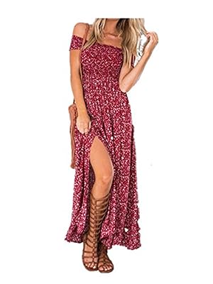 Yidarton Maxi Robe Longue Femme Ete Boheme Chic Fleurie Imprimé Col Bateau Épaules Dénudées Tunique De Plage Fendue Fluide Sans Manches Coton Rouge 40-42 / L