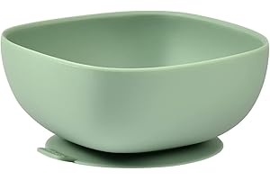 BÉABA, Bol Ventouse pour Enfant, 100% silicone, matière douce et très resistante, Adhère table/tablette chaise haute, Languette permettant de soulever l’assiette, Compatible micro-onde, Sage green