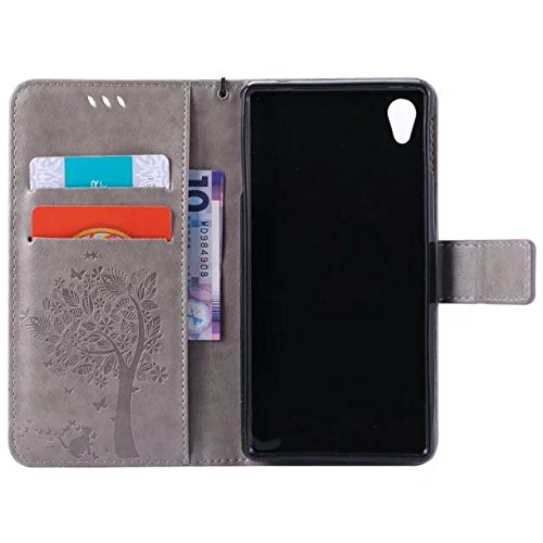 Cozy Hut [New Style] Sony Xperia M4 Aqua Hülle in Katze und Baum muster seitlich aufklappbare Schutzhülle / integrierte Kartenfächer / Klapptasche Etui Wallet Stil Handy Tasche – grau - 3