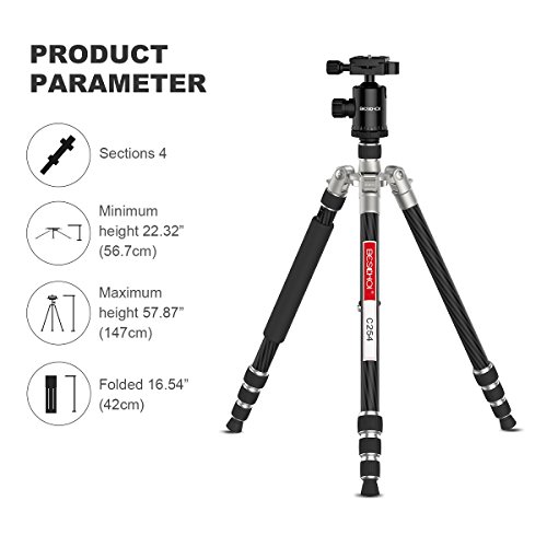 Trípode Completo - Beschoi Trípode Cámara Reflex Trípode de Viaje de Fibra de Carbono con Rótula de Bola y Zapatas Rápidas (Altura de 49cm a 165.5cm, Capacidad de 10 kg, Bolsa Incluida), Negro