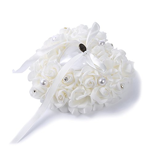 Hochzeit Ringkissen Ring Box Herzförmig mit Blumen Strass Perlen Deko LianLe (Weiß) - 3