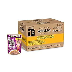 Whiskas Adult (1+ Year) Tasty Mix Wet Cat Food Made with Real Fish, Chicken with Tuna and Carrot in Gravy - Pack of 24
