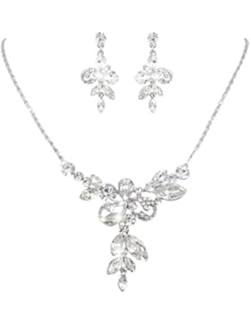EVER FAITH® österreichisches Kristall Elegant Braut Blume Halskette mit Ohrring Schmuck-Sets Silber-Ton
