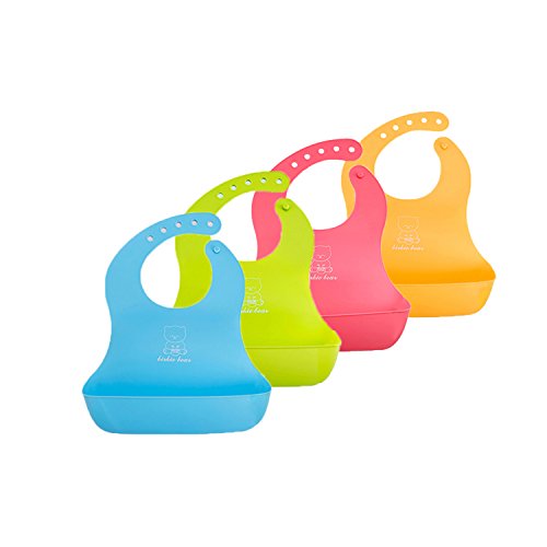 Inchant bebé babero impermeable de silicona suave cómodo Material de grado de alimentos para niños bebés almuerzo baberos,sin BPA, ajustable con banda para el cuello (4 colores unidades)