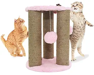 Hiputee Cat Natural Sisal Rope Scratching Posts - Sitting, Activity, Hanging Balls, Playing Cat Tree (Pink)