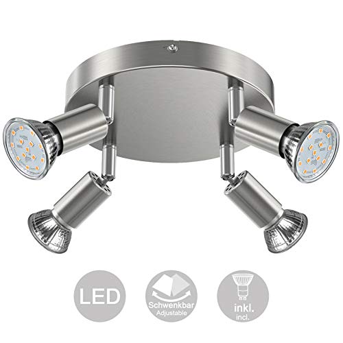 Creyer LED Deckenstrahler 4 Flammig, Schwenkbar LED Deckenleuchte, ø180mm (inkl. 4 x 4W GU10 LED Leuchtmittel, 400LM, Warmweiß) Modern Wohnzimmer LED Deckenspot, Rund LED Deckenlampe - Matte Nickel
