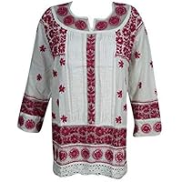Woman's Bohemian Tunic Cotton Floral Chikan Embroidered Top Blouse Dress