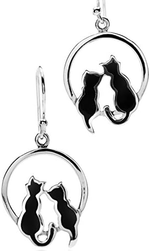 Sea Gems Sterling Silver Cats on Moon Drop Earrings