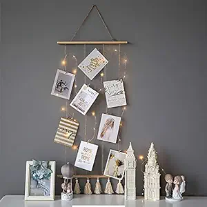 VAH- Kya Bat Hai !! Wooden Hanging Photo Display Picture Frame Collage Picture Display Organizer with Wood Clips LED Light for Wall Decor Hanging Photos (JRWH059)