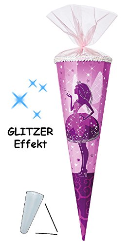 Schultüte - Elfenkönigin - Schmetterlings Fee - 22 / 35 / 50 / 70 / 85 cm - Zuckertüte ALLE Größen - mit / ohne Kunststoff Spitze Spitze - rund - 6-eckig - 12-eckig - Nester - Elfen - Schmetterling - Elfe / Sterne - lila - für Mädchen
