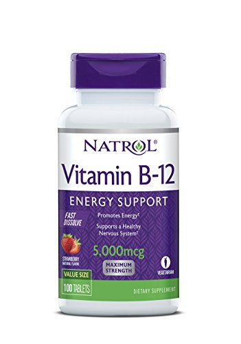 Natrol Vitamin B-12 Fast Dissolve, Vitamina B12 con Disolución Rápida En La Boca, Sabor Fresa, 5000 mcg, 100 Tabletas
