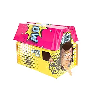 Barkbutler x Fofos Comic House Cat Scratcher Cat Toy, Brown | for Small Kittens and Older Cats | Private Space for Cats | Scratcher + Imported US Grade Catnip Powder| Durable Cardboard |Scratch, Play