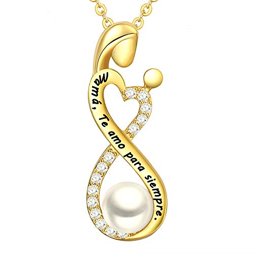 LOVORDS Collar Mujer Grabado Plata de Ley 925 Colgante Infinito Corazón Mamá Hijos Perla Cultivada Blanca de Agua Dulce 6mm Regalo Madre