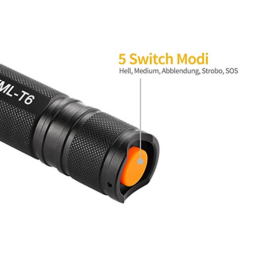 Elekin Taschenlampe 600 Lumen LED Cree T6, 5 Modis Einstellbar, IPx6 Wasserdicht für Indoor und Outdoor Sports－Schwarz - 5