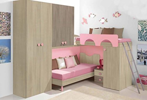 Bedroom loft in Artemisa corner composition. Bedside table, bed, metal ladder, molded protection. Speakers / front Olmo / pink.