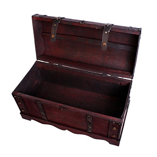 Schatztruhe Holztruhe Schatzkiste Kiste Piratenkiste mit Metallbeschlägen Antikoptik Holz Box Truhe Bar Schmuckkasten Weintruhe Aufbewahrungsbox Holz Optik Schmuckkiste Schmuckbox Grösse L SK002