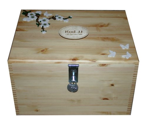 Lockable Natural Pine Wood Keepsake or Memory Box with White Flowers and engraved nameplate - Special Personalised Birthday or Christmas Presents for Her