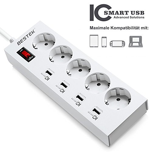 BESTEK 5 Fach schaltbare Steckdosenleiste mit 4 USB (5V/8A, Smart IC), feuerfeste Mehrfachsteckdosen mit USB Ladefunktion für Smartphones Tablets, 4000W / 250V, Weiß - 4