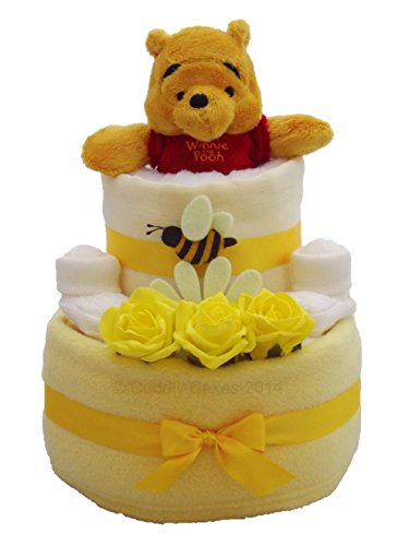 Two Tier Neutral Unisex Nappy Cake Baby Gift with Yellow Bear and Bumble Bee with FREE UK Delivery