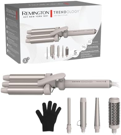 Remington Ferro Arricciacapelli 5in1, Ondulatore, [3 Bacchette in ceramica 13-,33mm, Spazzola rotonda, Accessorio Onde] Display LED 130-210°C, Onde da spiaggia, Ricci spiralati e naturali CI41MS5E51