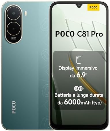 POCO C81 Pro Smartphone 4+128GB, Batteria da 6000mAh(typ), Display immersivo 6,9" con refresh rate 120Hz, Fotocamera AI doppia da 13MP, Design elegante e raffinato, Verde, Garanzia 2 anni+1 anno extra