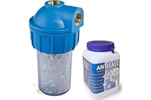 SUINGA FILTRO ANTICALCARE per SCALDABAGNO. ANTICO Riscaldatori e caldaie da 1/2 "con recipiente contenitore e filtro polifosfato. Include 500 grammi di polifosfato sostitutivo. Elimina la capacità di calcare