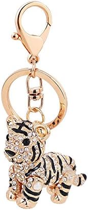 Shining crown Tiger Metal Bling Crystals Rhinestone Keyfob, Cute Keyring Gold Buckle for Car Key Handbag Pendant