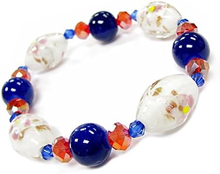 Linpeng LP09262012-06B Lampwork Glass Beads with Faceted Crystal Stretch Bracelet, White Blue Olive