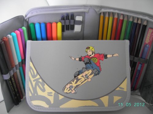 Preisvergleich Produktbild Federtasche 50 Teile gefüllt grau: Federmappe,Federmäppchen,Etui,Schül...