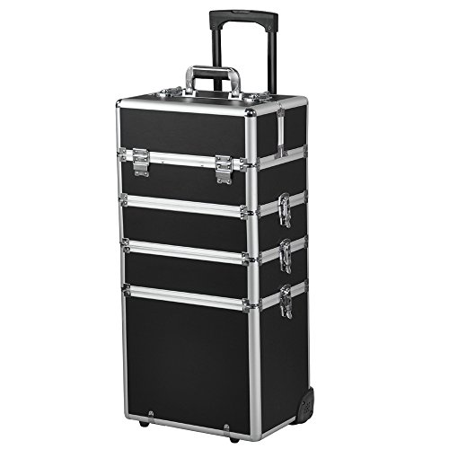 Professional Extra Large Space Aluminium Cosmetics & Make Up Case/Box Nail Art Case Hairdressing Case Beauty Case Toiletry Storage Nail Hairdressing Vanity Box Valentines Day Gift (4 in 1 trolley, Black)