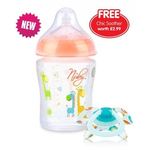 Nuby Natural Touch Decorated Feeding Bottle 9oz/270ml with FREE Soother - Art. 92444 - Pink