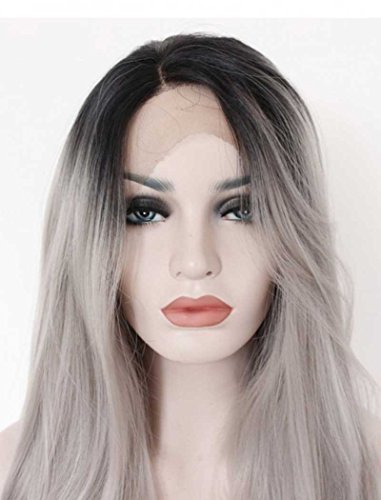Tsnomore IB Grau Ombre Lange wellenförmige Spitze Front Frauen-Perücke - 2