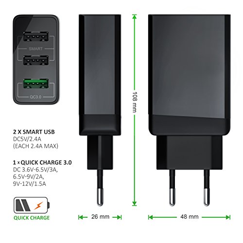 CSL - USB LadegerÃ¤t 30W QC 3.0 | 3-Port Netzteil inkl. Quick-Charging ( Schnellladefunktion ) | Smart Charge + Solid Charge (intelligentes Laden) | geeignet fÃ¼r Handys, Smartphones, Navis, Tablets uvm. | schwarz
