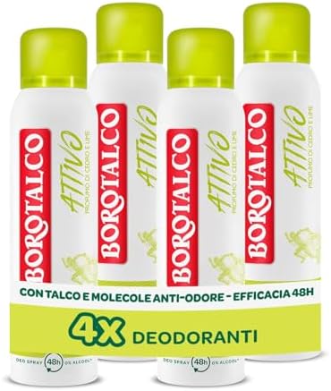 Borotalco, Deodorante Spray Attivo Giallo, Formula Senza Alcool e con Talco con Molecole Anti-Odore, Efficacia Fresca, 48h di Efficacia, Profumo di Cedro e Lime, 4 x 150 ml