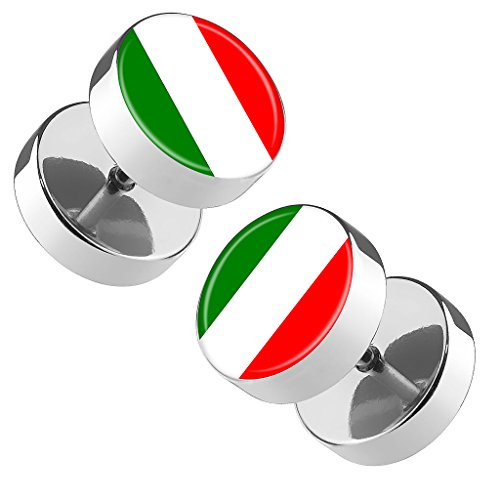 Piersando Ohrringe Fake Ohr Plug Flesh Tunnel Piercing Ohrstecker Stecker Stab Runde Platte Fussball EM & WM Länderflagge Fanartikel Land Flagge Italien
