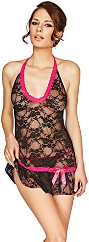 Mio Sexy Malibu Paradise Black and Pink Lace Chemise and Thong Set B2176 Small/Medium