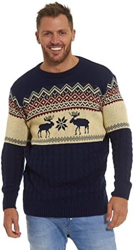 LEKEEZ TM Mens Ladies Unisex Christmas Xmas Jumper Sweater Tunic Santa Rudolph Knitted Classic Retro Vintage Novelty Jumpers (CLASSIC CABLE KNIT NAVY L)