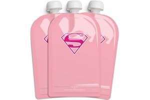 Herobility DC Supergirl Food Pouch 180ml / 6 Fl Oz - Squeeze Pouches for Baby, Reusable, Sustainable, Leak-Proof Design, Double Zip-Lock, BPA Free - 3 Pack