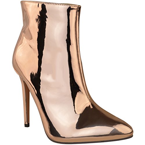 Womens Ladies Metallic Ankle Boots Block High Heel Pointed Toe