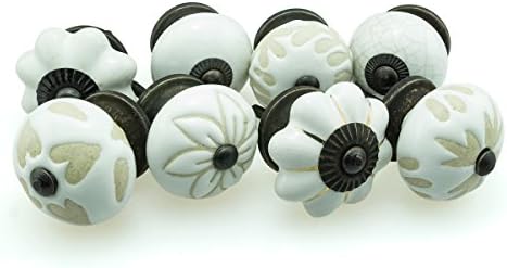 Ceramic Furniture Knobs Assorted Set 8pcs white creme etched 8er_8-0804 handpainted porcelain drawer pulls cabinet handles Jay Knopf