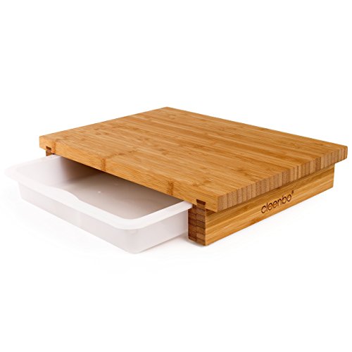 Schneidbrett cleenbo "bamboo L" Profi Küchenbrett aus geöltem Bambus mit verschiebbarer Auffangschale aus lebensmittelechtem Kunststoff, Board Maße: 370 x 260 x 70 mm