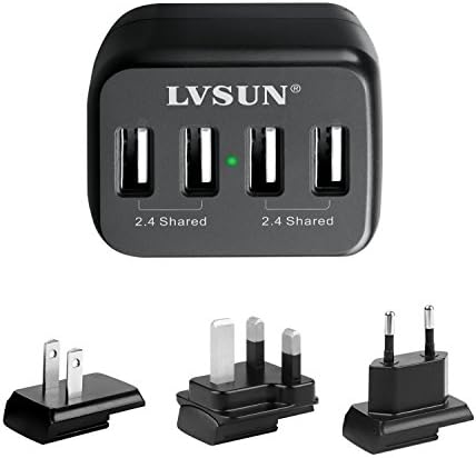 4 Ports USB Wall Charger - Compact, 3 Interchangeable Plugs Ideal for Travel - Fit for iPhone iPad, Samsung Galaxy, HTC Nexus Moto Blackberry, Bluetooth Speaker Headset, Power Bank and More