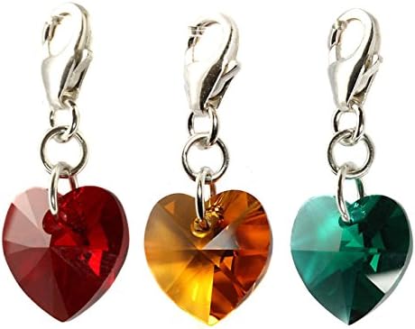 Black Moon Festive Christmas Jewel Trio Crystal Heart Clip Charms - Ruby Red, Emerald Green Golden Topaz - made with Swarovski Crystal and Sterling Silver
