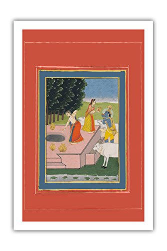 Lord Krishna - Gopis with Holy Cows - 19th Century Indian Miniature Painting - Vintage Religious Art c.1800s - Premium 290gsm Bamboo Paper Print 24x32in
